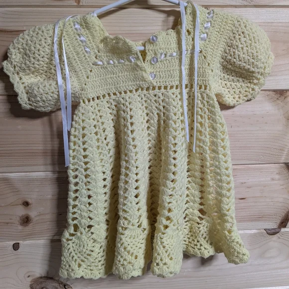 Baby girl crochet knit light yellow dress, collectible, vintage, handmade, doll
